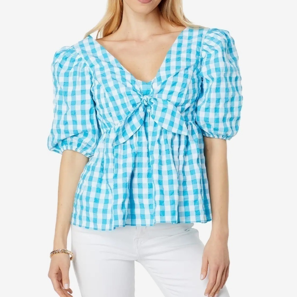 LIlLY PULITZER Sarafina Short Sleeve Crinkle Gingham V-Neck Top Size 4 NEW